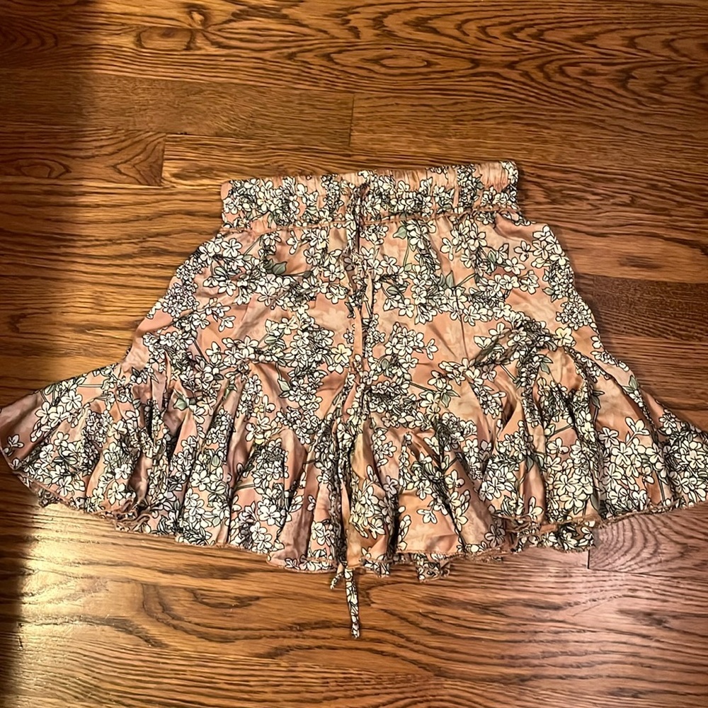 Pink Floral Satin Mini Flounce Skirt